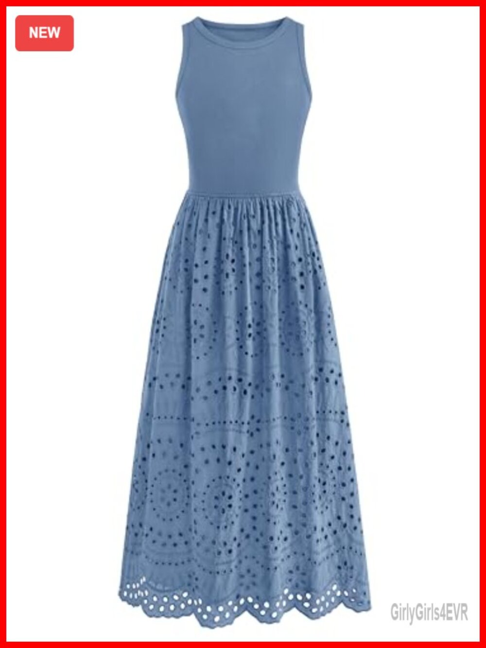 Sleeveless Lace Eyelet Cotton Tank Maxi Dress with Pockets